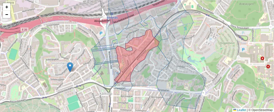 Karta över postnummerområdet  och angränsande postnummer i Sverige