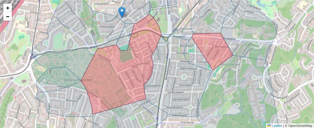 Karta över postnummerområdet  och angränsande postnummer i Sverige