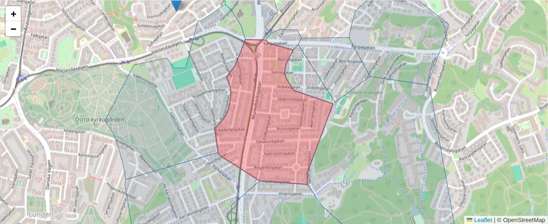 Karta över postnummerområdet  och angränsande postnummer i Sverige