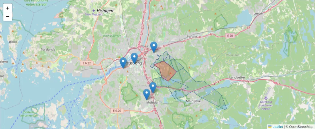 Karta över postnummerområdet  och angränsande postnummer i Sverige