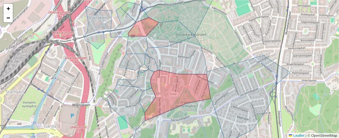 Karta över postnummerområdet  och angränsande postnummer i Sverige