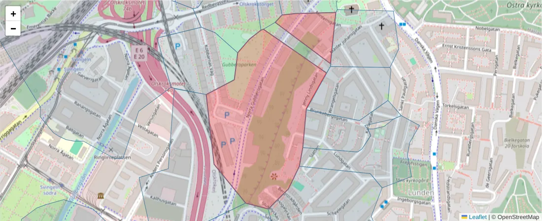Karta över postnummerområdet  och angränsande postnummer i Sverige