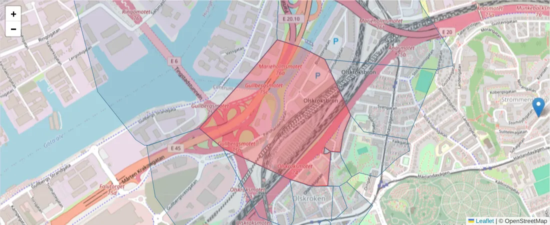 Karta över postnummerområdet  och angränsande postnummer i Sverige