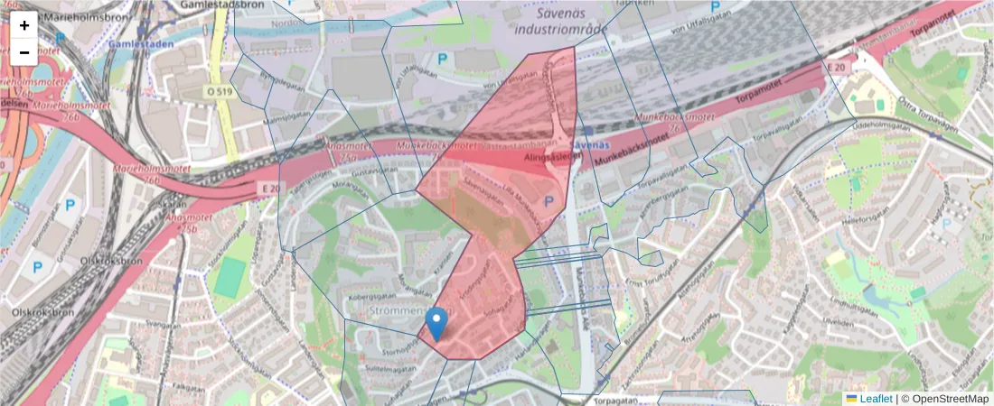 Karta över postnummerområdet  och angränsande postnummer i Sverige