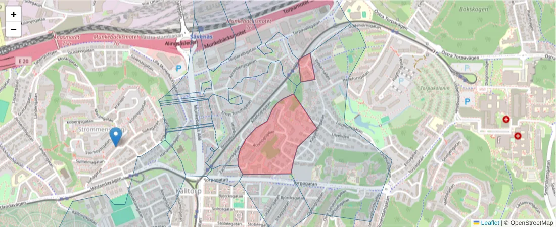 Karta över postnummerområdet  och angränsande postnummer i Sverige