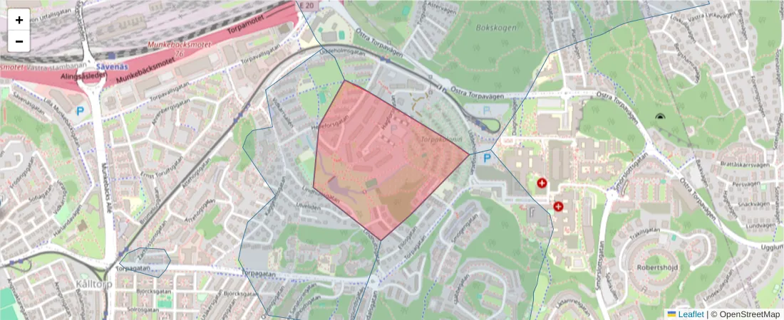 Karta över postnummerområdet  och angränsande postnummer i Sverige
