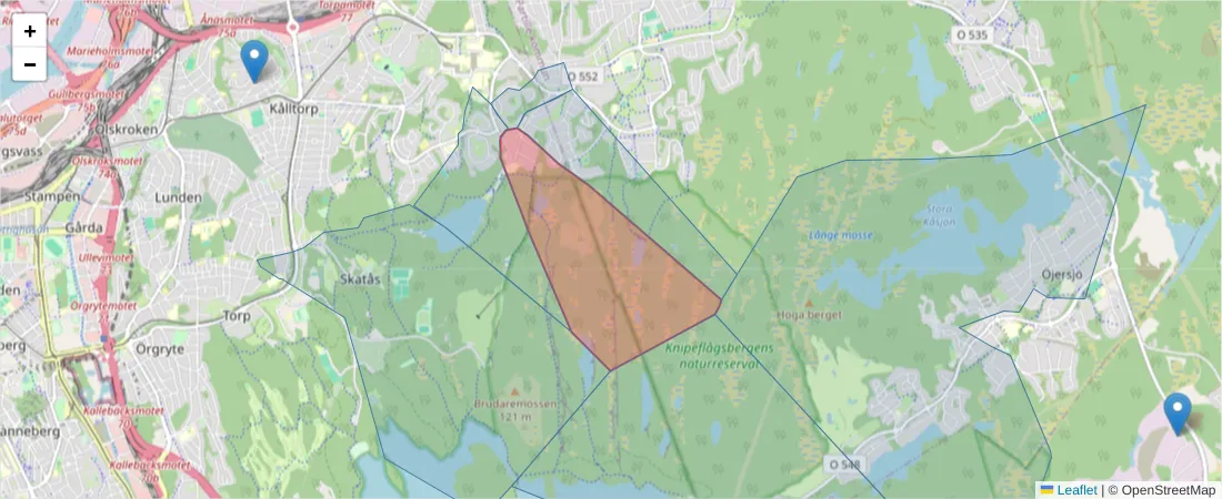Karta över postnummerområdet  och angränsande postnummer i Sverige