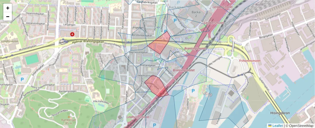 Karta över postnummerområdet  och angränsande postnummer i Sverige