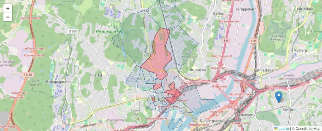 Karta över postnummerområdet  och angränsande postnummer i Sverige