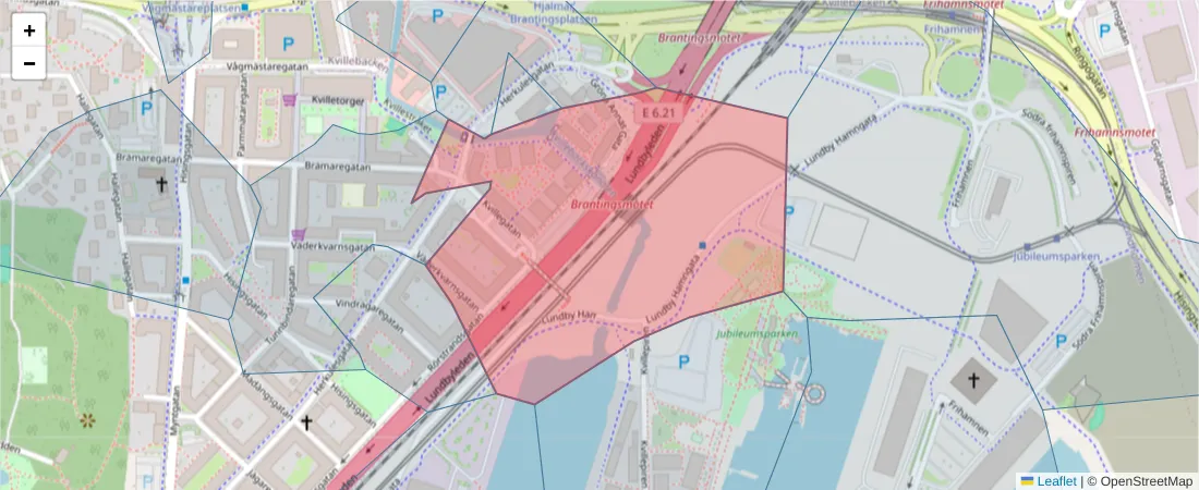 Karta över postnummerområdet  och angränsande postnummer i Sverige