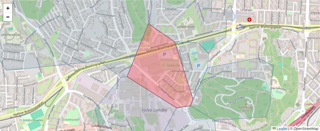 Karta över postnummerområdet  och angränsande postnummer i Sverige