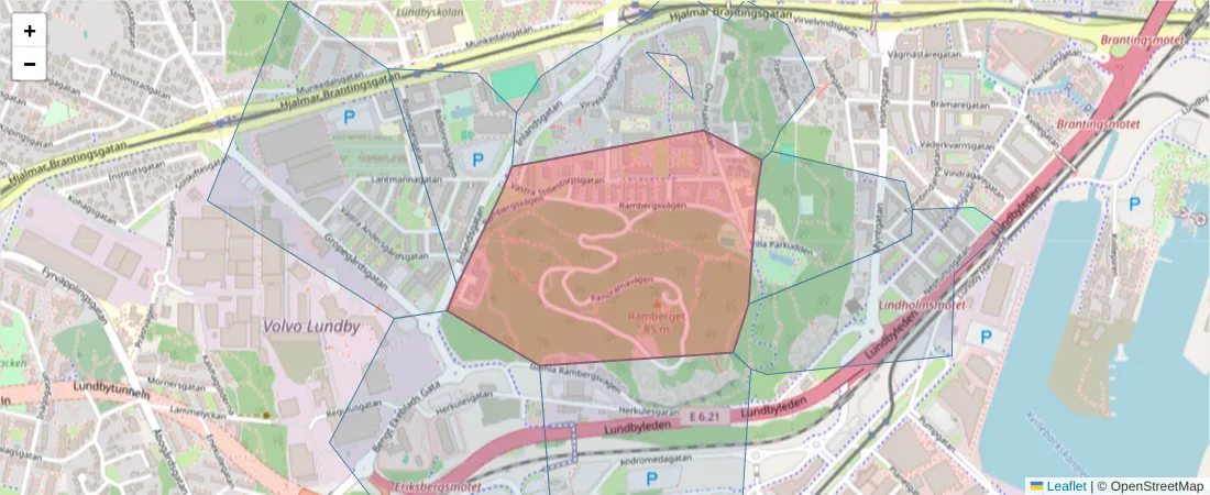 Karta över postnummerområdet  och angränsande postnummer i Sverige