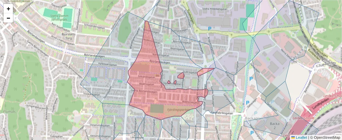 Karta över postnummerområdet  och angränsande postnummer i Sverige