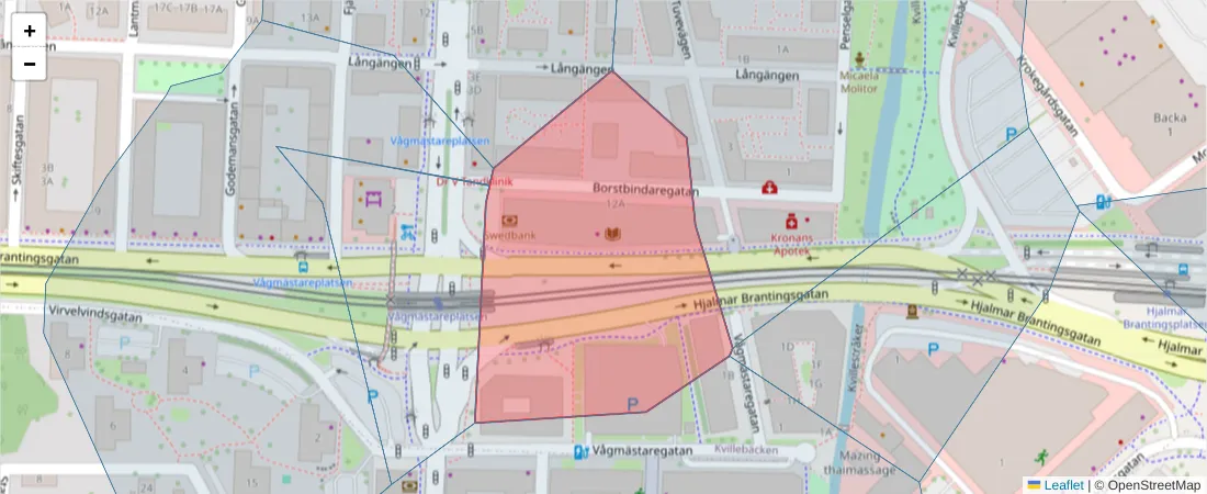 Karta över postnummerområdet  och angränsande postnummer i Sverige