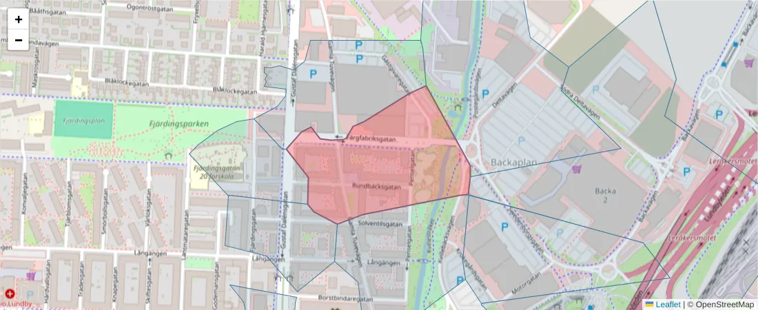 Karta över postnummerområdet  och angränsande postnummer i Sverige