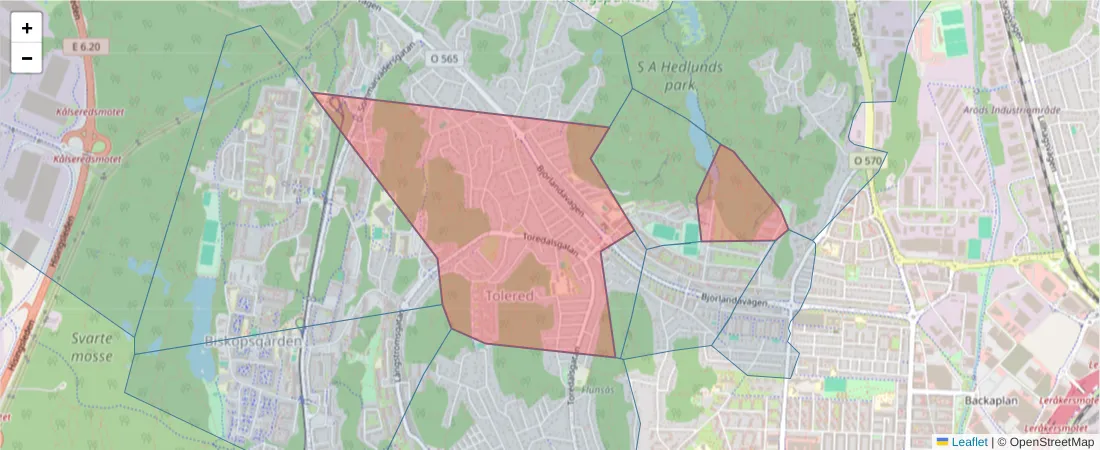 Karta över postnummerområdet  och angränsande postnummer i Sverige