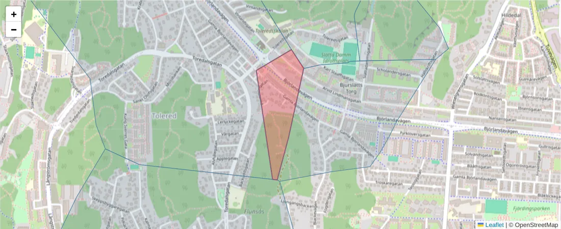 Karta över postnummerområdet  och angränsande postnummer i Sverige