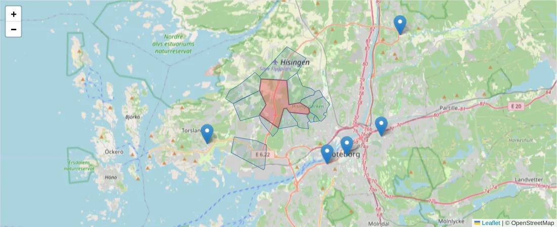 Karta över postnummerområdet  och angränsande postnummer i Sverige