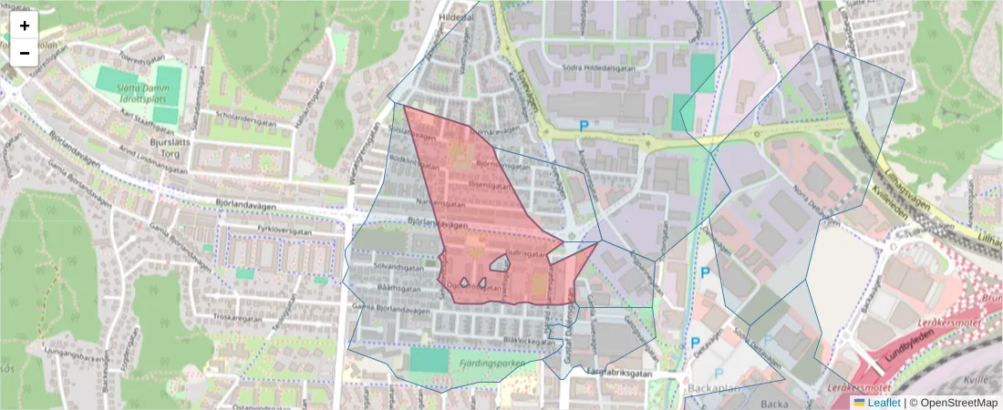 Karta över postnummerområdet  och angränsande postnummer i Sverige