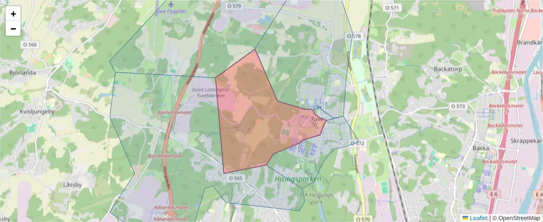 Karta över postnummerområdet  och angränsande postnummer i Sverige