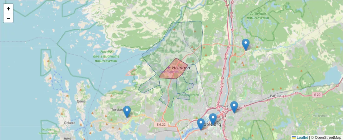 Karta över postnummerområdet  och angränsande postnummer i Sverige