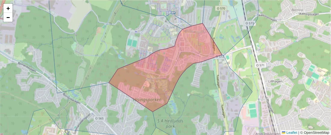 Karta över postnummerområdet  och angränsande postnummer i Sverige