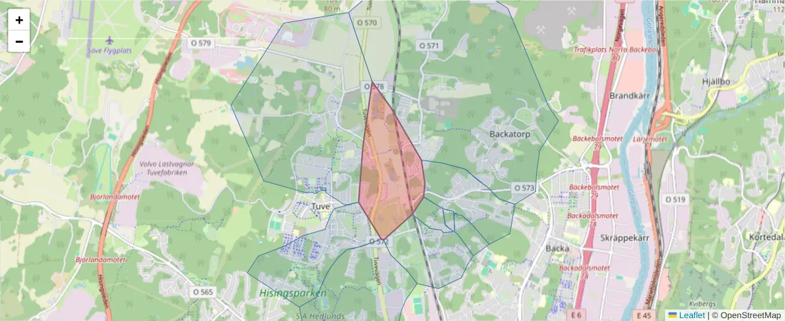 Karta över postnummerområdet  och angränsande postnummer i Sverige