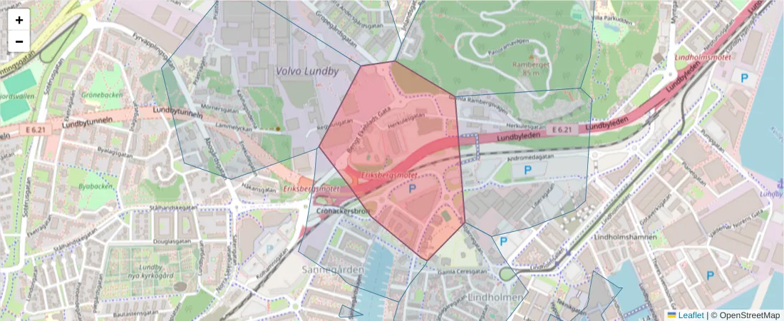 Karta över postnummerområdet  och angränsande postnummer i Sverige
