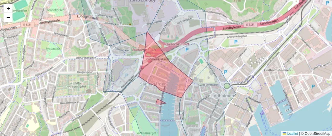 Karta över postnummerområdet  och angränsande postnummer i Sverige