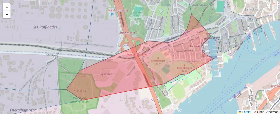 Karta över postnummerområdet  och angränsande postnummer i Sverige