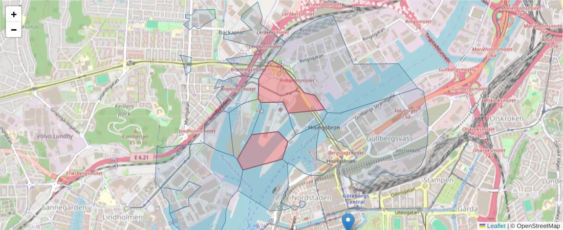 Karta över postnummerområdet  och angränsande postnummer i Sverige