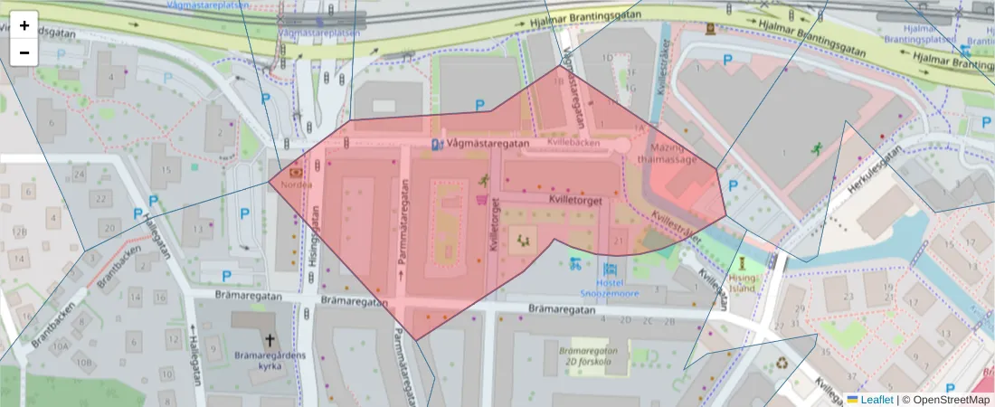 Karta över postnummerområdet  och angränsande postnummer i Sverige