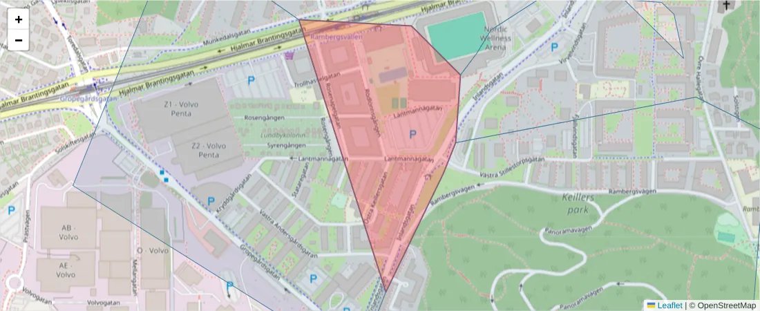 Karta över postnummerområdet  och angränsande postnummer i Sverige