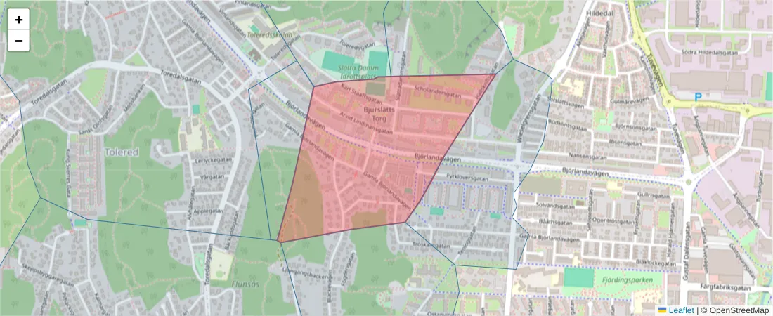Karta över postnummerområdet  och angränsande postnummer i Sverige