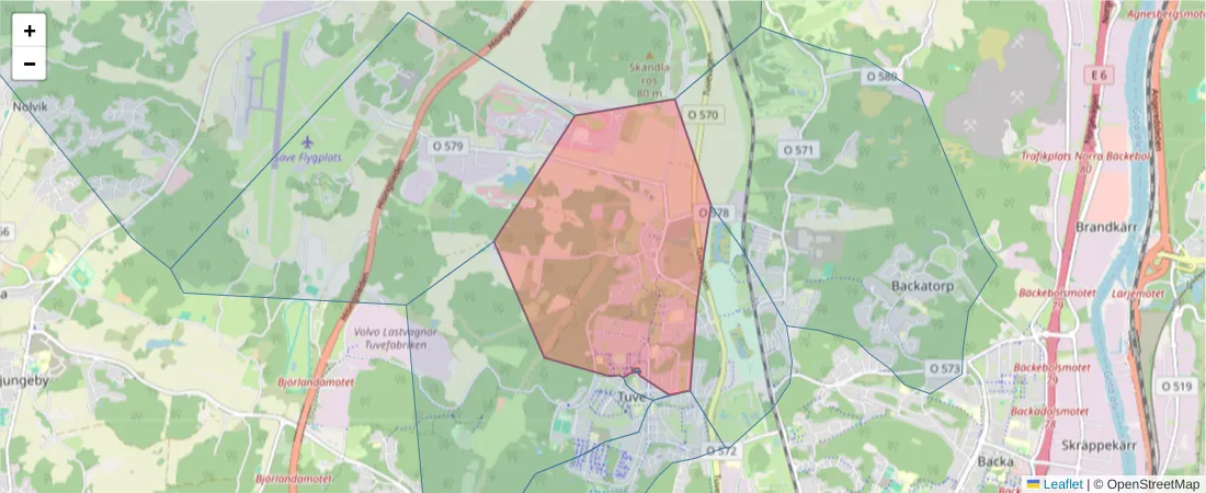 Karta över postnummerområdet  och angränsande postnummer i Sverige
