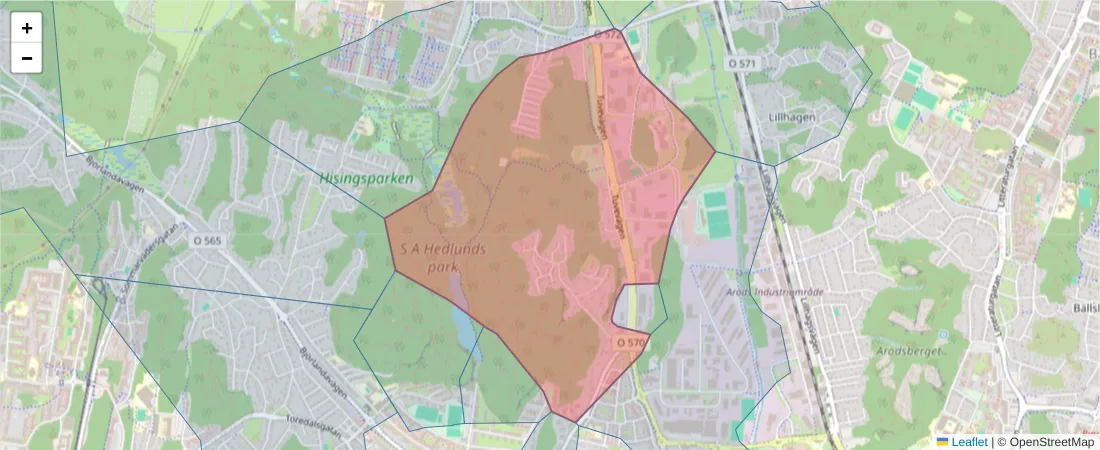 Karta över postnummerområdet  och angränsande postnummer i Sverige