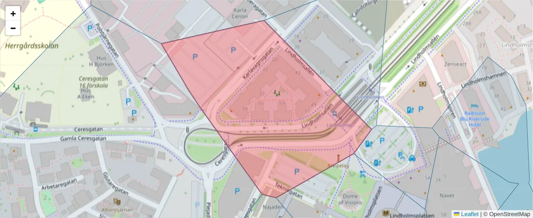 Karta över postnummerområdet  och angränsande postnummer i Sverige