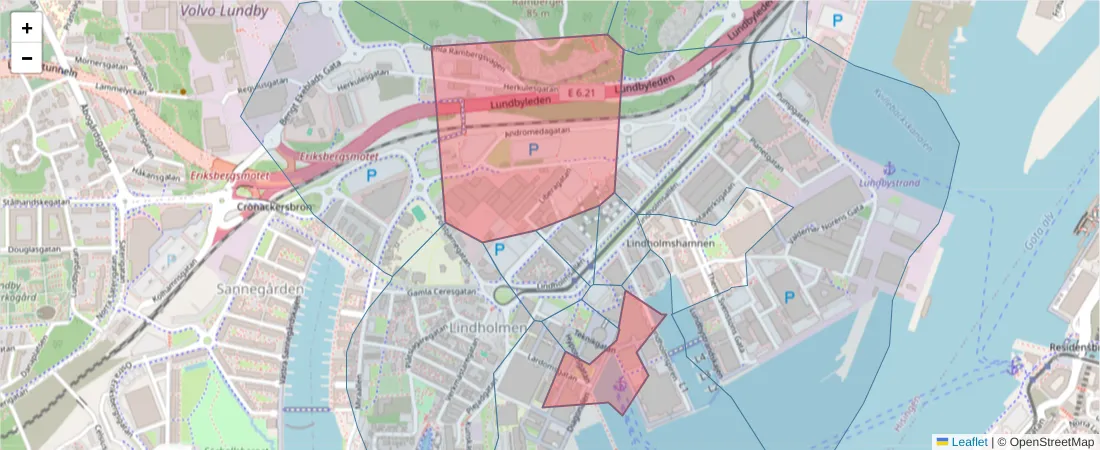 Karta över postnummerområdet  och angränsande postnummer i Sverige