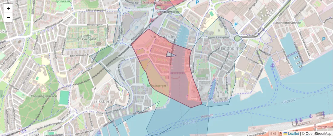 Karta över postnummerområdet  och angränsande postnummer i Sverige