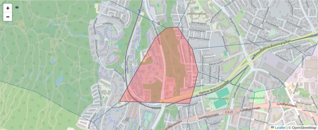 Karta över postnummerområdet  och angränsande postnummer i Sverige