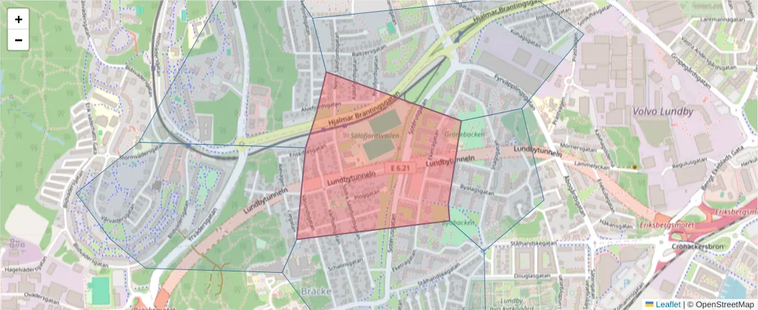 Karta över postnummerområdet  och angränsande postnummer i Sverige