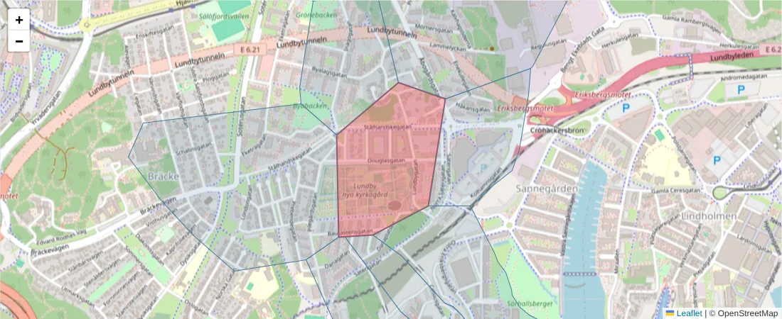 Karta över postnummerområdet  och angränsande postnummer i Sverige