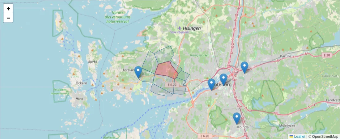 Karta över postnummerområdet  och angränsande postnummer i Sverige