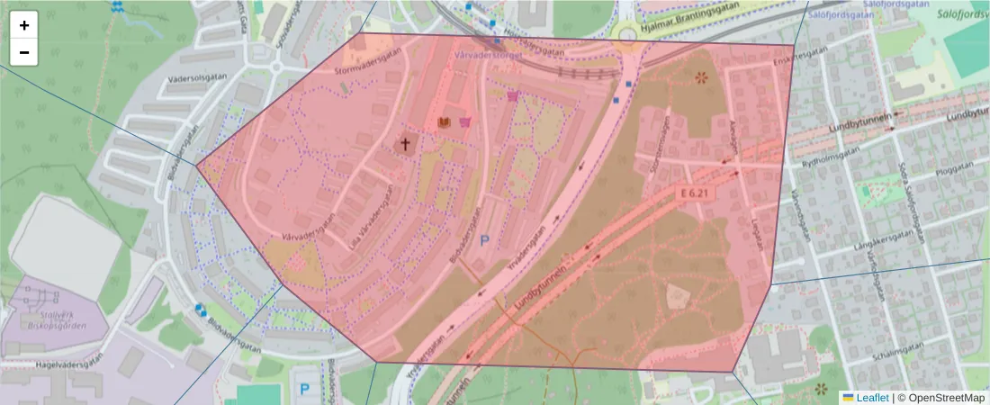 Karta över postnummerområdet  och angränsande postnummer i Sverige