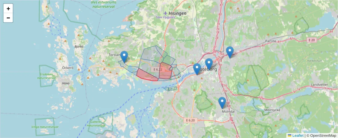 Karta över postnummerområdet  och angränsande postnummer i Sverige