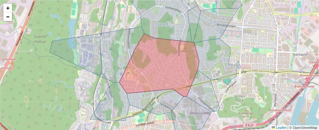 Karta över postnummerområdet  och angränsande postnummer i Sverige