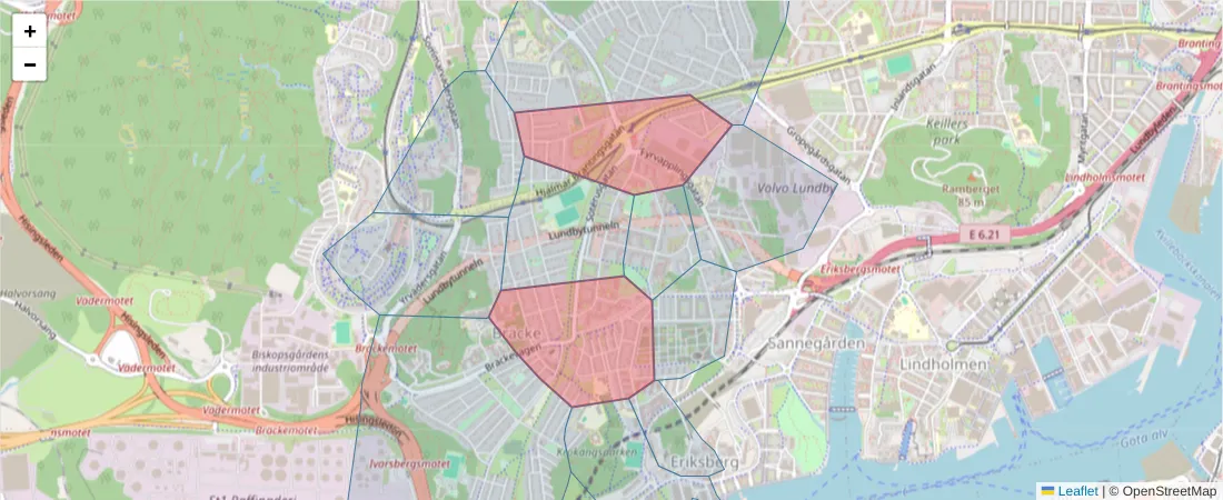 Karta över postnummerområdet  och angränsande postnummer i Sverige