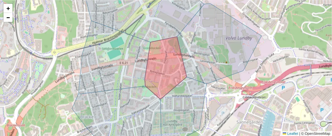 Karta över postnummerområdet  och angränsande postnummer i Sverige
