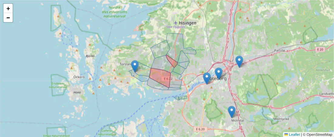 Karta över postnummerområdet  och angränsande postnummer i Sverige