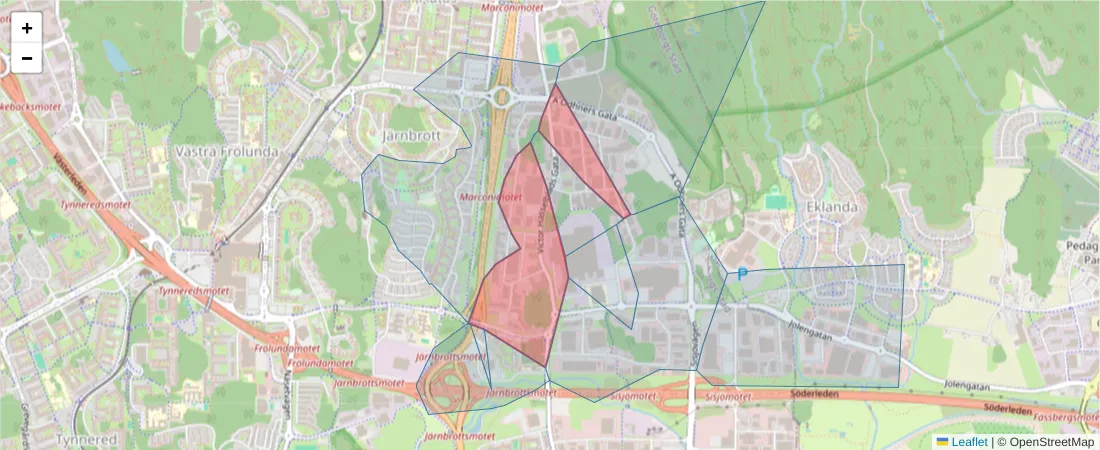 Karta över postnummerområdet  och angränsande postnummer i Sverige